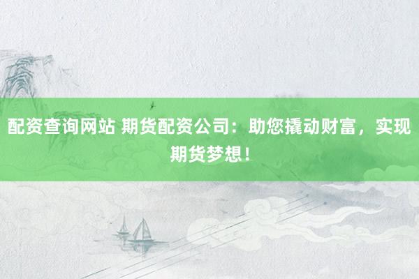 配资查询网站 期货配资公司：助您撬动财富，实现期货梦想！